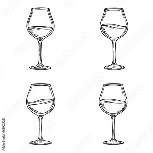 A set of four handdrawn sketchstyle wine glasses filled with wine presented in a vintage engraving style.