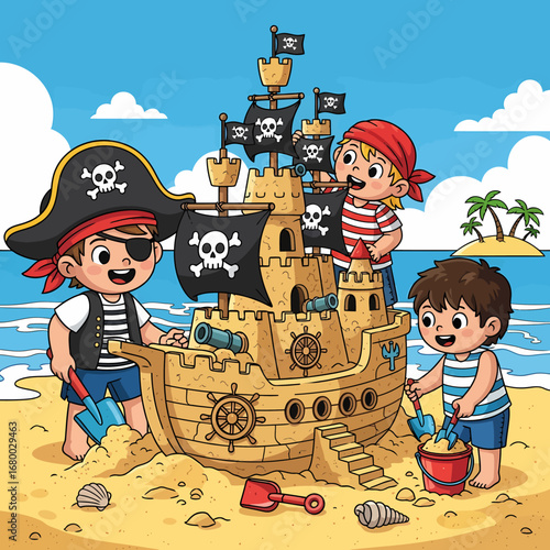 Children in pirate costumes building a sandcastle ship on a beach.