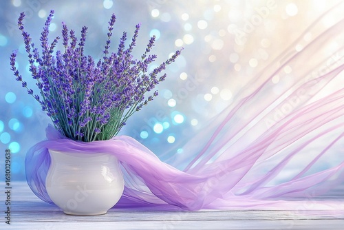 Lavender flowers in a white vase on a wooden surface. Light purple fabric drapes around the vase. AI.