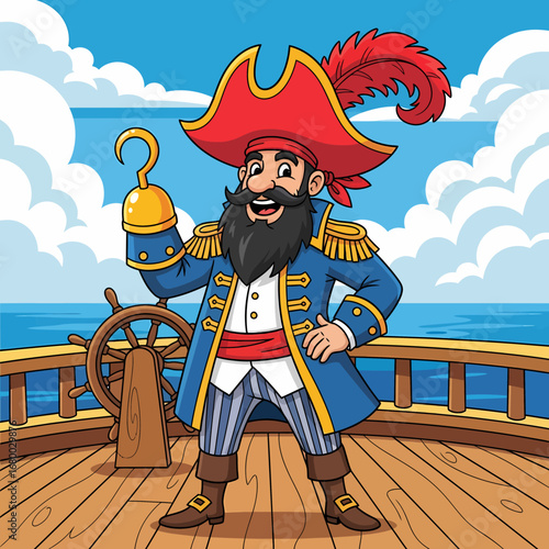 A smiling cartoon pirate captain with a hook hand stands on the wooden deck of his ship by the helm.