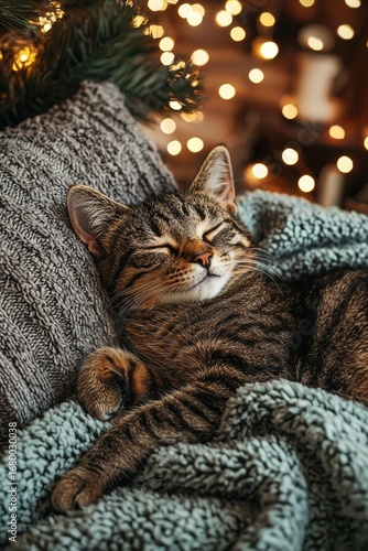 Tabby cat sleeps on a gray pillow under a tree with bokeh lights in the background. AI.