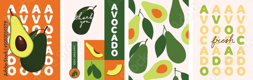 Avocado vector design and seamless pattern. Organic food label, healthy fruit poster in modern style for poster or kitchen decor.
