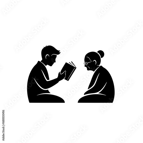 Silhouette vector for logo young man reading to elderly woman