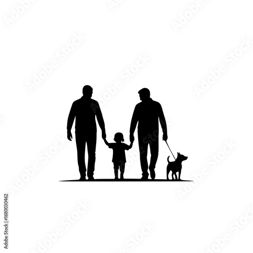 Harmonious family silhouette vector for logo design, depicting parents, a child, and their pet dog enjoying a leisurely walk together, symbolizing unity and togetherness