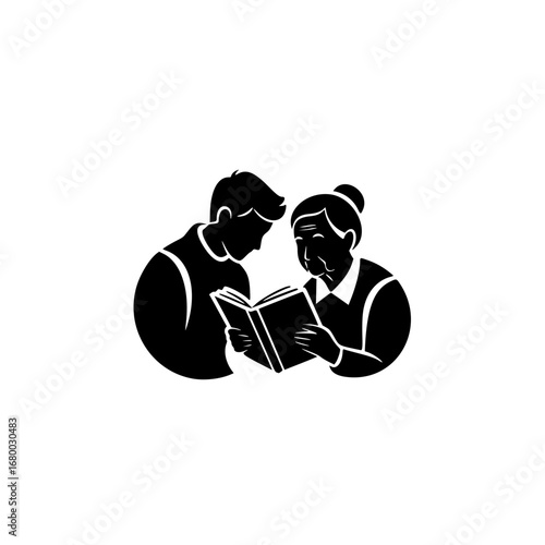 Silhouette vector logo of a grandmother and grandson reading a book together, ideal for educational or family-oriented brands