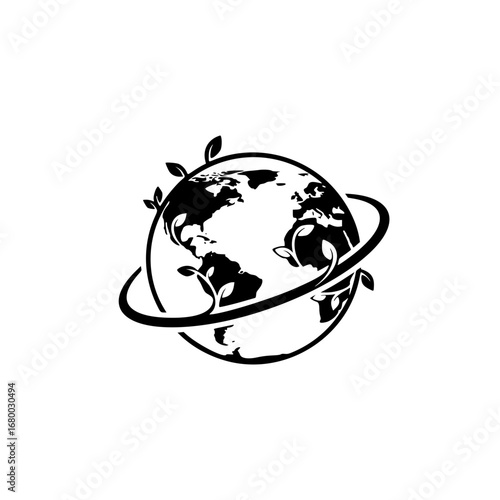 Monochrome planet Earth with plant vine silhouette, a clean vector graphic for logo design symbolizing global nature and conservation