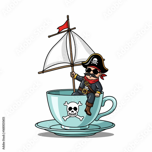 A cartoon pirate with an eyepatch and mustache sails in a teacup boat with a skull and crossbones.