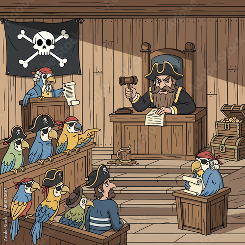 A cartoon pirate judge presides over a humorous courtroom trial, with parrot jurors, a parrot witness, and a human defendant.