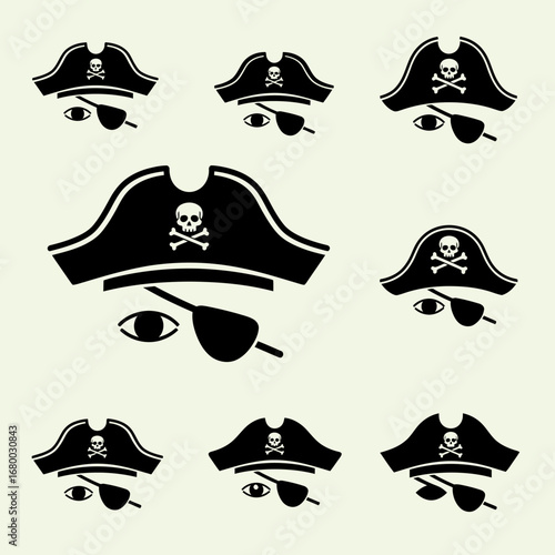 Arrangement of stylized black pirate hats, eye patches, and eyes, on a light background.