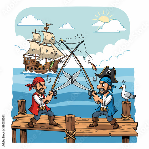 Two cartoon pirates clash fishing rods on a wooden pier, with a ship in the background.