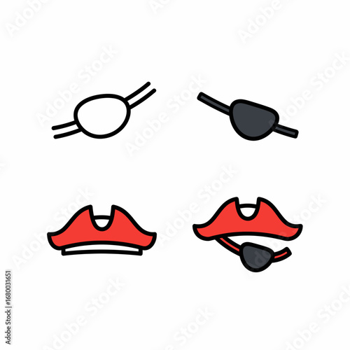 Four simple line drawings of pirate accessories: eye patch and hat.
