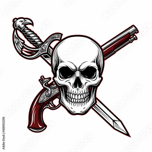 A menacing pirate skull emblem with a crossed cutlass sword and a vintage flintlock pistol.