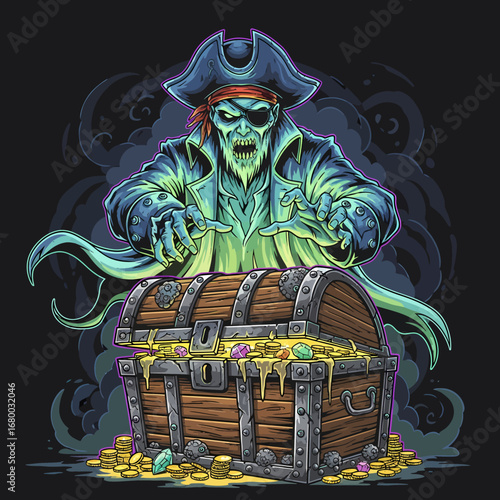 A spooky green ghost pirate with an eyepatch guards his overflowing wooden treasure chest.