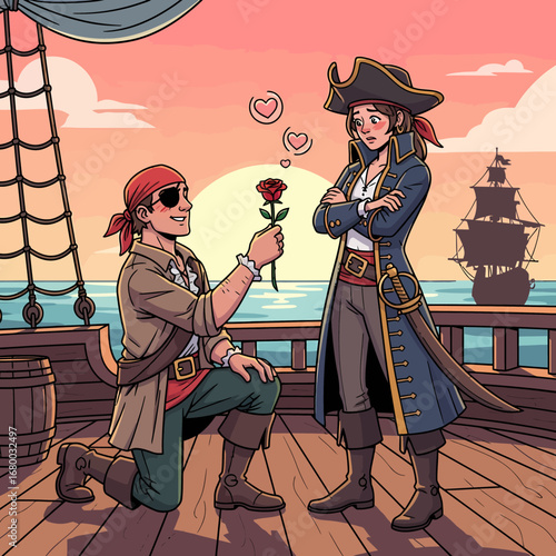 Pirate proposing to a pirate woman on a ship at sunset with a rose.
