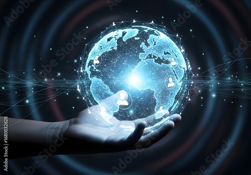 A luminous digital representation of Earth held in a human hand, visualizing the future of global networks and data communication