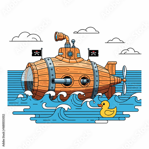 A whimsical wooden submarine with pirate flags and a periscope sails through choppy blue water alongside a small yellow rubber duck.