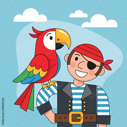 Cartoon pirate with a colorful parrot perched on his shoulder against a light blue sky.