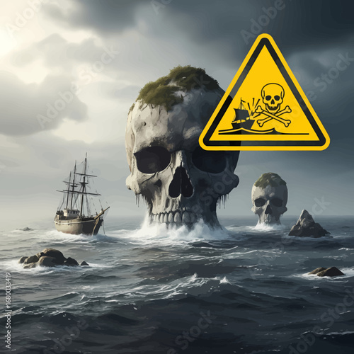 A cautionary seascape with giant skulls and a warning sign, suggesting environmental danger.
