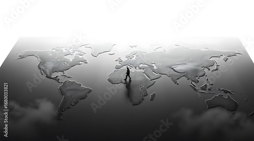 Confident businessman strides across metallic world map, symbolizing global ambition and business strategy.