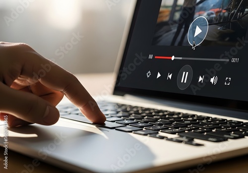 Person using a laptop computer to watch a video online. Finger pressing a key to pause the streaming media player for digital entertainment
