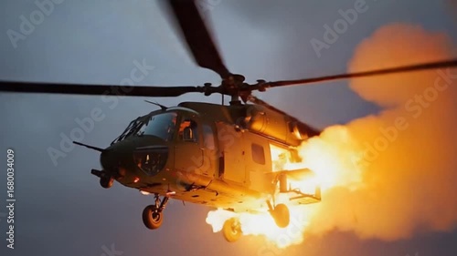Fiery Helicopter Ascent: A Military Aircraft in Flight