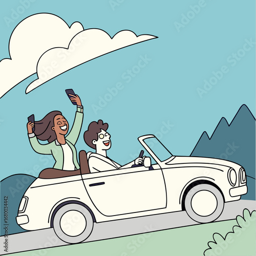 Friends taking selfies in the backseat of a white convertible car.