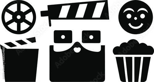 Movie-themed icons set silhouette