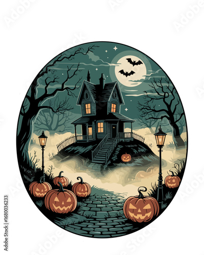 Spooky Haunted House with Glowing Jack-o’-Lanterns, Full Moon, Bats and Misty Night – Vintage Halloween Illustration