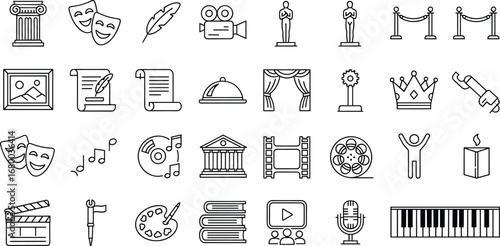 Culture, entertainment, arts, theater, music, cinema, literature, creativity, performance, museum, award, icon set, visual, design, media, writing, history, celebration, artistic, symbols