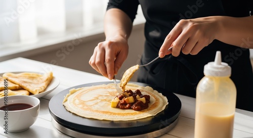 Close-up of hands filling a crepe with fruit
