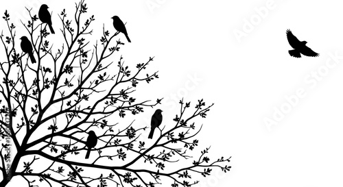 A minimalist vector illustration featuring black bird silhouettes perched on a stark tree branch, with another bird taking flight against a clean white background.
