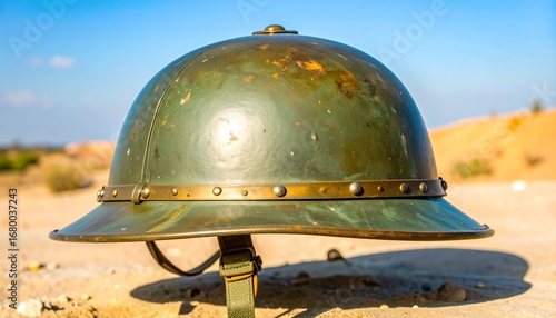 Vintage pith helmet against a desert landscape under a bright blue sky