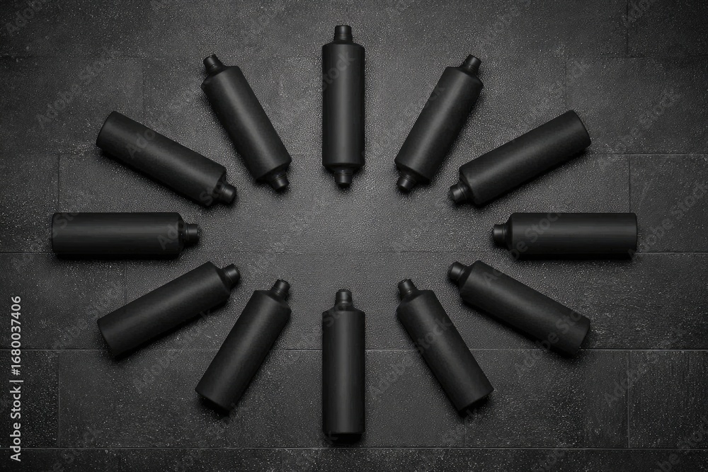 Naklejka premium Black cylindrical bottles arranged in a circle on a dark stone surface