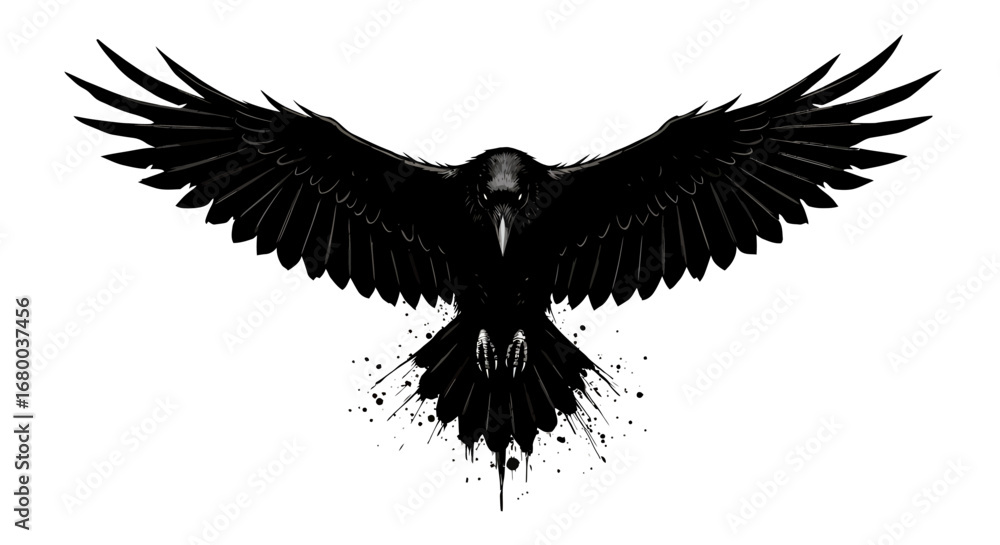 Obraz premium A striking vector illustration presents a majestic black raven with outstretched wings, showcasing a dynamic pose with artistic ink splatters, ideal for designs.