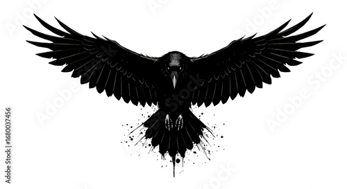 A striking vector illustration presents a majestic black raven with outstretched wings, showcasing a dynamic pose with artistic ink splatters, ideal for designs.