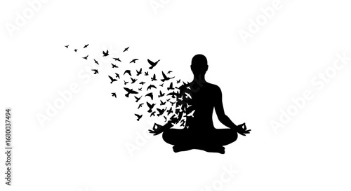 Vector illustration of a person in a yoga pose, with birds transforming into a silhouette, perfect for meditation, yoga, and spiritual designs. High-quality PNG for easy integration into your
