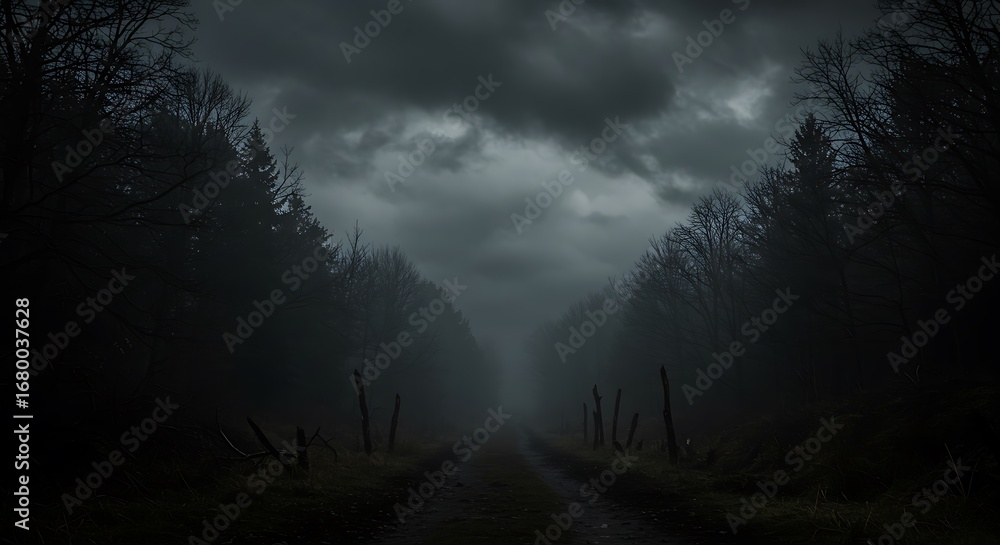 Fototapeta premium Foggy Haunted Forest Path