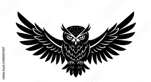 A striking black and white vector illustration of an owl with outstretched wings, perfect for graphic design projects needing a bold avian motif.