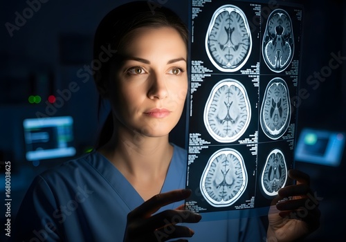Female medical professional intently studying a patient's brain MRI scan in a dimly lit radiology room