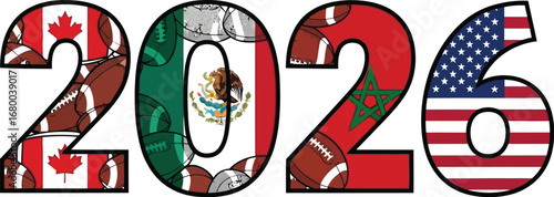2026 American Football Year with Canada, Mexico,  and USA Flags and Football Pattern