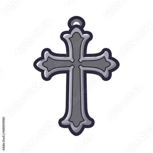 Gray ornate cross illustration on transparent background, concept of flat drawing  