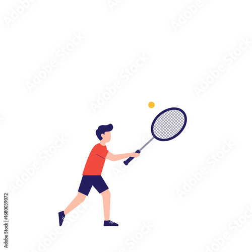 Boy playing tennis and hitting a ball with racket in flat drawing  