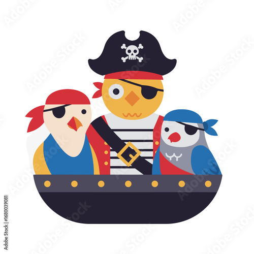 Cartoon pirate with parrot companions in a small boat concept of flat drawing  