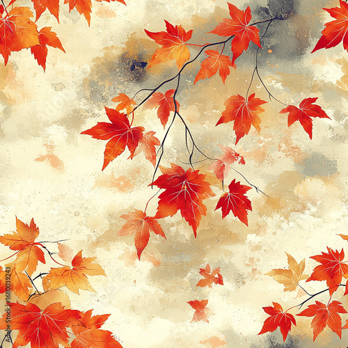 Watercolor Autumn Maple Leaves on Beige Background