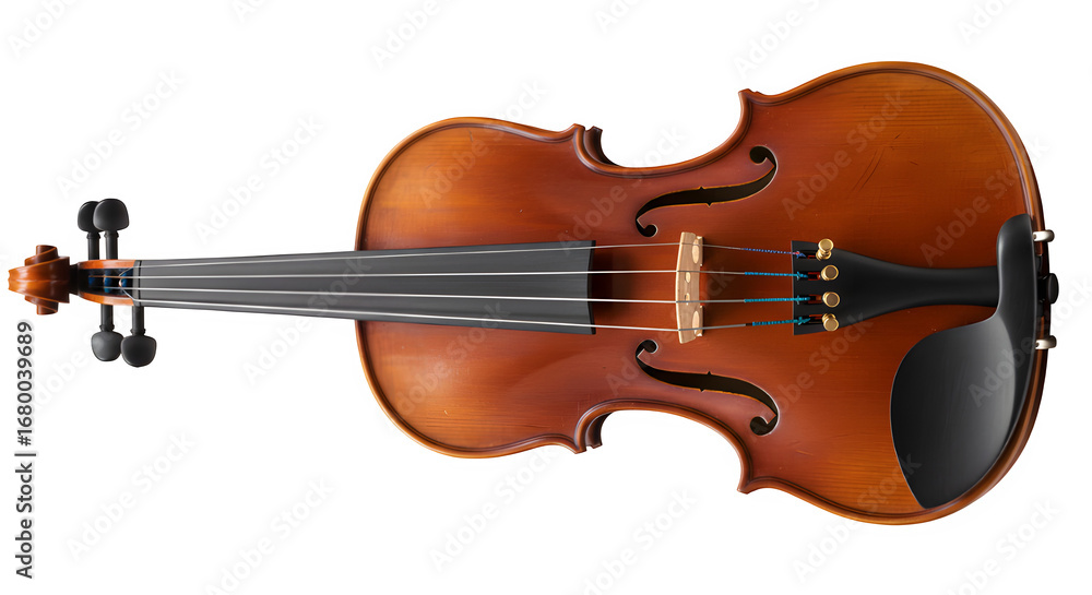 Fototapeta premium Wooden violin with strings and chin rest isolated on white or transparent background. PNG, musical instrument