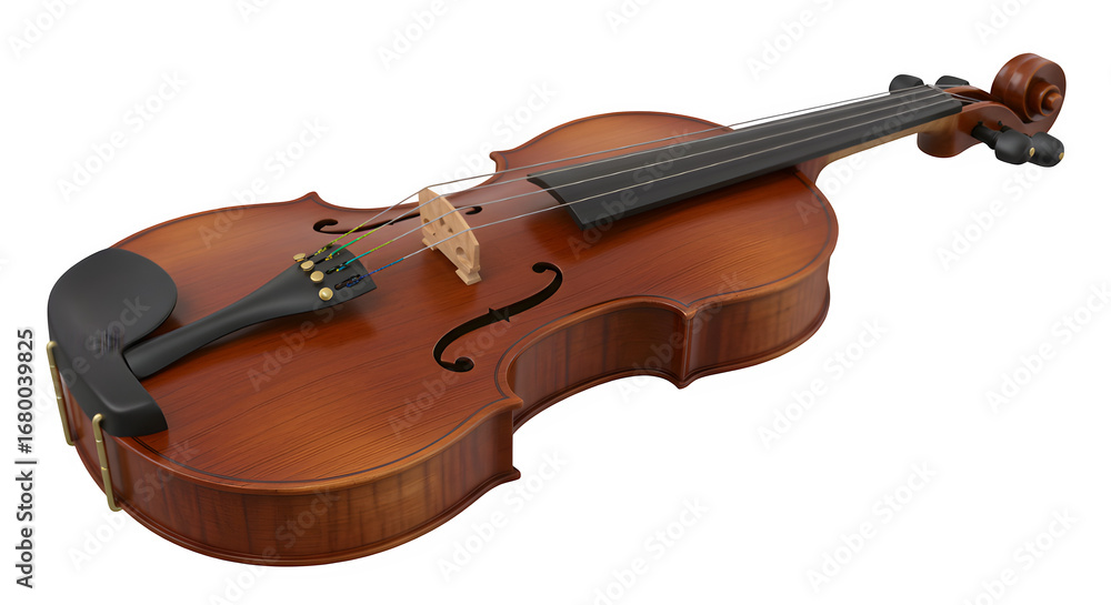 Fototapeta premium Wooden violin with strings and chin rest isolated on white or transparent background. PNG, musical instrument