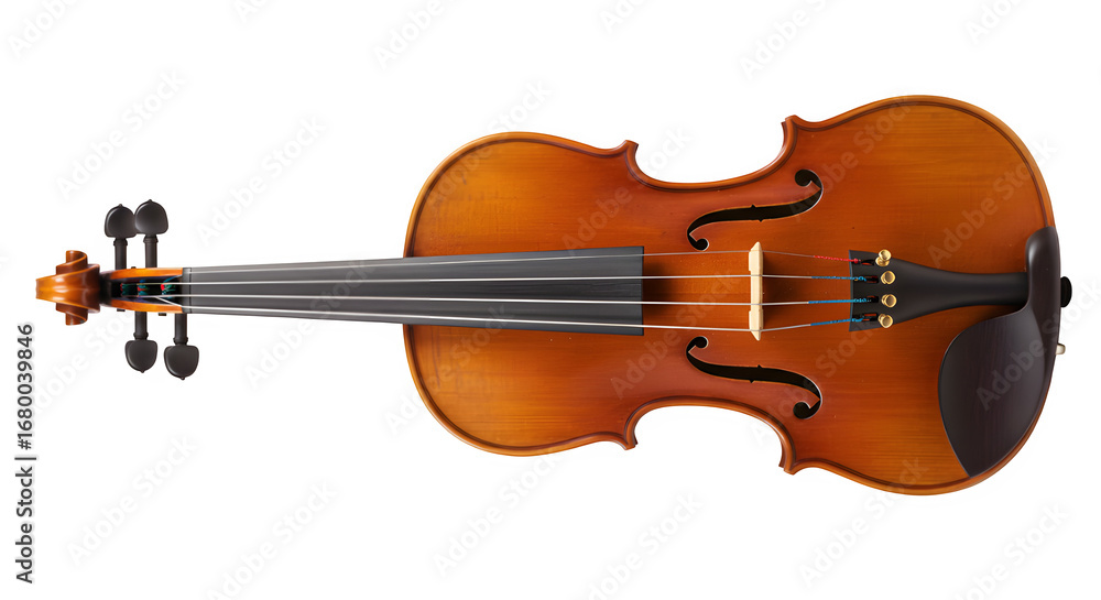 Fototapeta premium Wooden violin with strings and chin rest isolated on white or transparent background. PNG, musical instrument