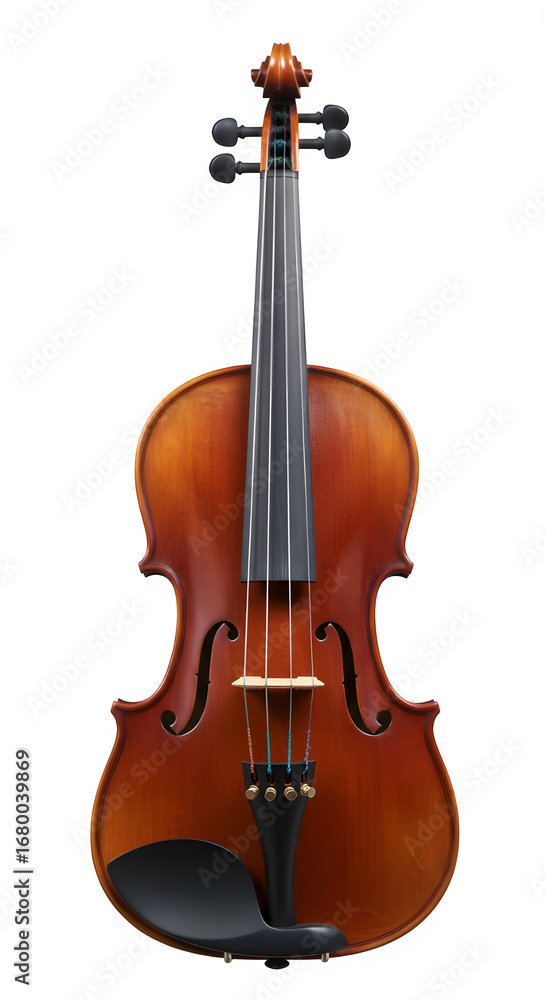 Obraz premium Wooden violin with strings and chin rest isolated on white or transparent background. PNG, musical instrument