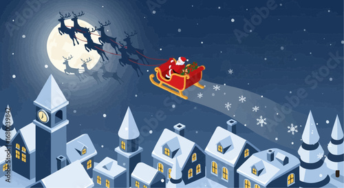 Christmas 2025  santa claus sleigh flying over snowy town christmas eve vector illustration holiday season night scene drawing vector