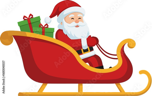 Cheerful Santa Claus Riding in a Red and Gold Sleigh with Gifts